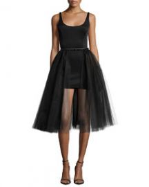 Halston Heritage Sleeveless Belted Cocktail Dress w Tulle Overlay Black at Neiman Marcus