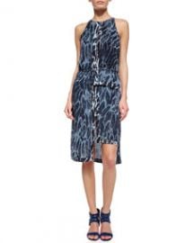 Halston Heritage Sleeveless Feather-Print Tiered-Hem Dress at Neiman Marcus