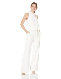 Halston Heritage Women s Sleeveless Cowl Drape Jumpsuit W Sash at Amazon