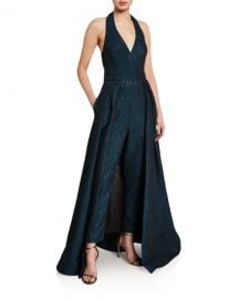 Halston Metallic Jacquard Halter-Neck Overlay Jumpsuit at Neiman Marcus