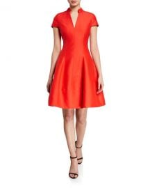 Halston V-Neck Cap-Sleeve Silk Faille Dress w  Mandarin Collar at Neiman Marcus