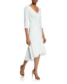 Halston Wide V-Neck Ruched Waist High-Low Crepe Dress at Neiman Marcus