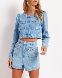 Hand-Beaded Cropped Denim Jacket at Patbo