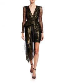 Haney Simone Metallic V-Neck Long-Sleeve Drape Front Mini Dress at Neiman Marcus