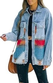 HangNiFang Aztec Denim Jacket Shacket for Women Button Down Vintage Distressed Blue Jean Jacket at Amazon