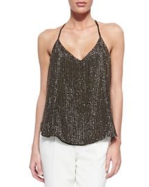 Haute Hippie Sequined T-Back Mesh Top Buff in Military at Neiman Marcus