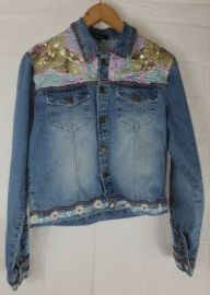 Haven Bleu Womens Medium BOHO Jean Blue Denim Jacket Sequin amp Beaded eBay at eBay