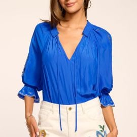 Haven Embellished V-Neck Top in capri blue Ramy Brook at Ramy Brook
