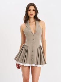 Hazel Brown Preppy Halter Neck Pleated Mini Dress at Miss Circle