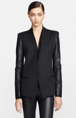 Helmut Lang Leather Sleeve Virgin Wool Blazer at Nordstrom