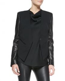 Helmut Lang Leather-Sleeve Wool Tuxedo Jacket at Neiman Marcus