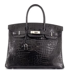 Hermes Birkin Handbag Black Shiny Porosus Crocodile with Palladium Hardware 35 Black 1594792 at Rebag