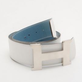 Hermes Blue & White Leather Silver Tone \'H\' Buckle Belt at The Luxury Closet