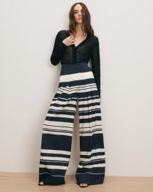 Heron Crossover Waistband Pant in Navy amp Dove Stripes at Veronica Beard