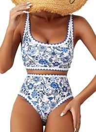 Herseas Women's Bikini Sets Floral Print Whip Stitch 2 Piece Swimsuits High Waisted Scoop Bathing Suits at Amazon