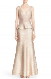 Herve Leger  Izabella  Woodgrain Metallic Foil Peplum Gown at Nordstrom