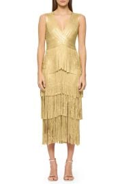 Herve Leger Pleated Tiered Metallic Foil Cocktail Midi Dress at Nordstrom Rack