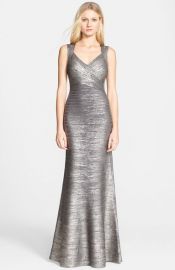 Herve Leger Sleeveless V-Neck Flared Foiled Bandage Gown at Nordstrom