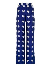 Hetty Blue Heart Print Silk Jacquard Trousers Lisou at Lisou