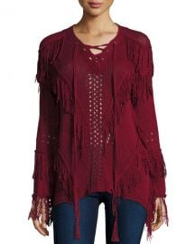 Hiche Fringe Open-Knit Lace-Up Sweater burgundy at Neiman Marcus