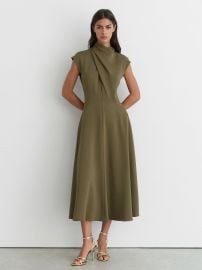High-Neck Pleat-Detail Midi Dress in Khaki Green - Size US 0 at Reiss