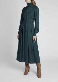 High-Neck Pleated Belted Midi Dress at Bergdorf Goodman