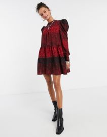 High Neck Puff Sleeve Mini Dress in red print by Topshop at ASOS