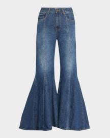 High-Rise Godet Flare Denim Trousers at Neiman Marcus