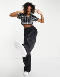 Hollister crop shirt in black plaids at ASOS