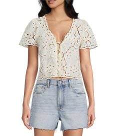 Honey amp Sparkle Eyelet Short Sleeve Tie Front Blouse Dillardx27s at Dillards