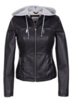 Hooded faux leather jacket at Delias