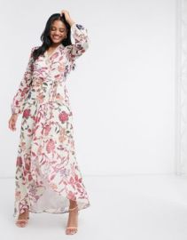 Hope  Ivy wrap front maxi dress with lace neckline in floral print at ASOS