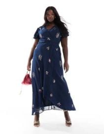 Hope Ivy Plus embellished frill sleeve maxi wrap dress with tie waist in navy at ASOS
