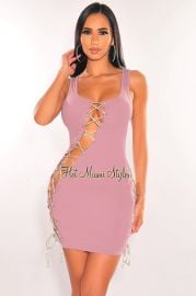 Hot Miami Styles Dusty Lavender Silver Studded Lace Up Dress at Hot Miami Styles