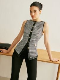 Houndstooth Button Contrast Trim Vest COMMENSE at Commense