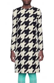 Houndstooth Long Sleeve Silk & Wool Crepe Shift Dress at Nordstrom