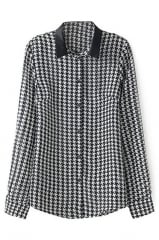 Houndstooth shirt with leather collar at Romwe