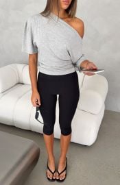 Hype Girl Cinched Waist Off Shoulder Top Grey Marle at White Fox Boutique