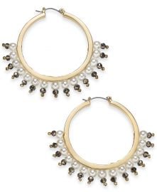 INC International Concepts Gold-Tone Bead & Imitation Pearl Hoop Earrings at Macys