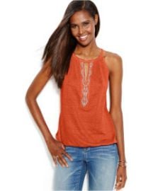 INC International Concepts Petite Beaded Keyhole Linen Halter Top in Orange at Macys