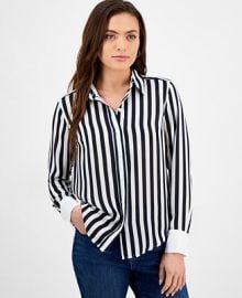 INC International Concepts Petite Striped Contrast-Cuff Shirt Exclusively at Macys - Macys at Macys