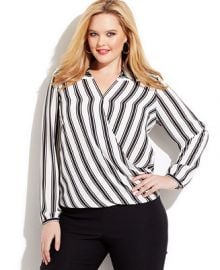 INC International Concepts Plus Size Striped Faux-Wrap Blouse at Macys