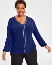 INC International Concepts Plus Size Studded V-Neck Blouson-Sleeve Top Created for Macys - Macys at Macys