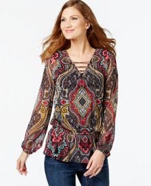 INC International Concepts Printed Lace-Up Peasant Top Only at Macys at Macys