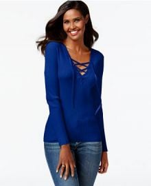 INC International Concepts Solid Lace-Up Ribbed Sweater at Macys