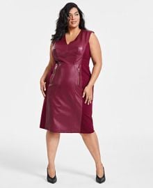 INC International Concepts Womens V-Neck Faux-Leather Midi Dress 0-28W Created for Macys - Macys at Macys