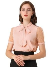 INSPIRE CHIC Women\'s Bow Tie V Neck Stand Collar Short Mesh Sleeve Blouse at Target