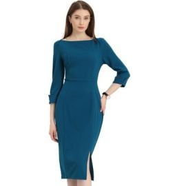 INSPIRE CHIC Womenx27s Elegant Boat Neck 34 Sleeves Work Midi Split Sheath Dresses Large Lake Blue Target at Target