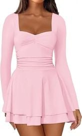 IWD Women's Square Neck Long Sleeve Mini Dress Ruched Corset Waist Tiered Ruffle Hem A Line Short Party Dresses at Amazon