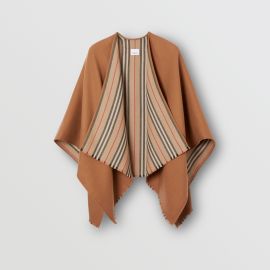 Icon Stripe Detail Wool Cape in Flaxseed - Women at Burberry